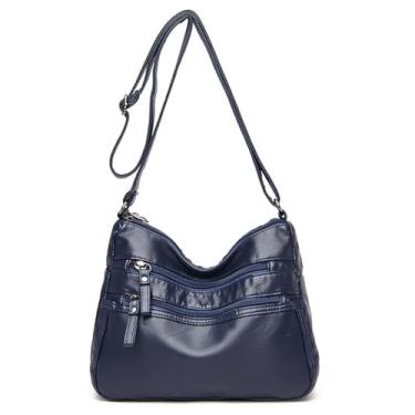 Imagem de Bolsas transversais de couro para mulheres, bolsa de ombro de couro macio com vários bolsos com alça ajustável, preta 26 x 20 cm, Azul, Medium, Bolsa tiracolo