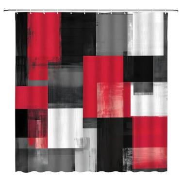 Imagem de Cortina de chuveiro geométrica vermelha, preta, branca, cinza, geometria abstrata, quadrados, patchwork, moda, moderna, estilo de pintura a óleo, tecido para decoração de banheiro, cortinas com
