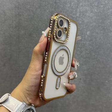 Imagem de Capa transparente com glitter e diamantes da moda para iPhone 16, 15, 14, 13, 12, 11 Pro Max Plus, pulseira magnética, cordão, B dourado, para iPhone 15 ProMax