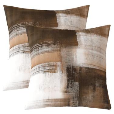 Imagem de jejeloiu Conjunto de 2 capas de almofada de arte abstrata marrom para crianças, meninos, meninas, arte moderna, 40,6 x 40,6 cm, decoração de pintura a óleo abstrata, fronha geométrica, decoração de