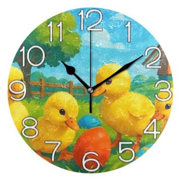 Imagem de GAIGEO Relógio de parede analógico decorativo quarto cozinha relógio estético silencioso sem tique-taque, arte de parede boho decoração de casa bonito desenho animado pato amarelo, 25 cm, ponteiros