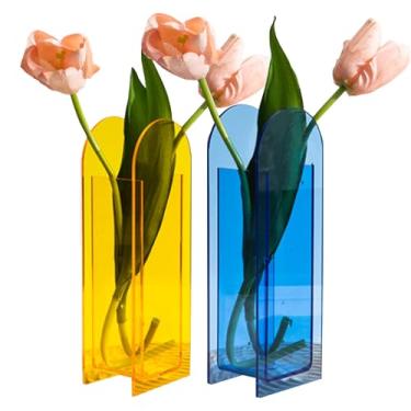 Imagem de Vaso de acrílico de cristal, 2 peças, vaso de flores com design moderno, vaso de acrílico para centro de mesa de casamento, elegante vaso floral para mesa de sala de estar, escritório (azul + amarelo)