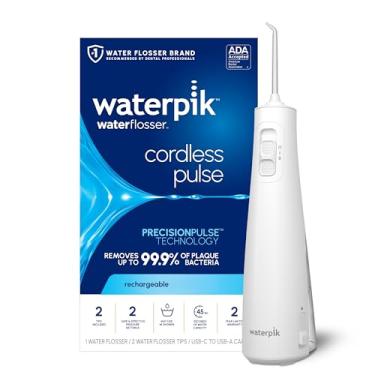 Imagem de Waterpik Pulse sem fio recarregável portátil água para dentes, gengivas, aparelho e viagens com 2 pontas de fio dental, à prova d'água, aceito pela ADA, WF-20 branco