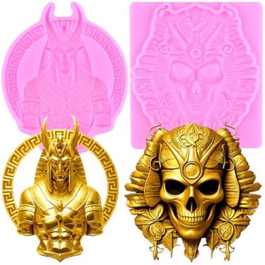 Imagem de MIYAHOUSE Faraó do Egito Fondant Moldes de silicone para decoração de bolos, topo de cupcake, pasta de goma de chocolate, argila de polímero, conjunto de 2