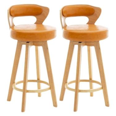 Imagem de WYNSJDBB Conjunto de 2 cadeiras de bar, banquetas de bar com moldura de madeira maciça, assento de pele de cera de óleo estilo minimalista, cadeiras de bar giratórias, banquinhos de cozinha