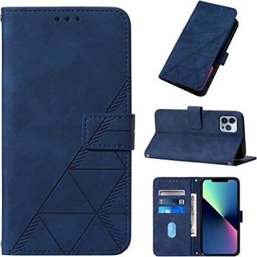 Imagem de KKFAUS Capa carteira para iPhone 13 Pro Max/13 Pro/13/13 Mini, capa flip de couro PU estilo notebook retrô com fecho magnético e alça de pulso (cor: azul, tamanho: 13 Pro 6,1 polegadas)