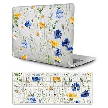 Imagem de Compatível com MacBook Pro 13 polegadas M1 A2338 A2289 A2251 A2159 A1989 A1708 A1706 versão 2021 2020 2019 2018 2017 2016, capa rígida de plástico padrão e teclado Pele, azul e Flor amarela