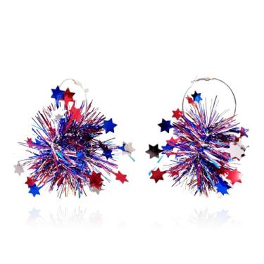 Imagem de LKingel Brincos femininos de 4 de julho para o Dia da Independência, brincos patrióticos de fogos de artifício com glitter, vermelho, branco, azul, brincos leves com bandeira dos EUA, Acrílico, Sem