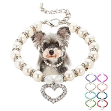 Imagem de Colar de pérolas para cães, elegante coleira de pérola para cães de raça grande com strass de cristal, coleira de pérola para gatos e meninas, gatos, coleira ajustável para animais de estimação para