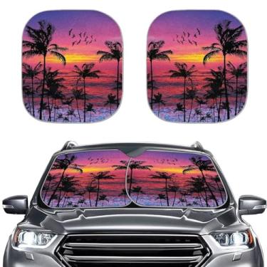 Imagem de Hudotybom Para-brisa estilo praia pôr do sol para carro, palmeira, impressão de palmeira, viseira de carro, janela refletiva frontal, dobrável, protetor de viseira bloqueia raios UV de calor, 2 peças
