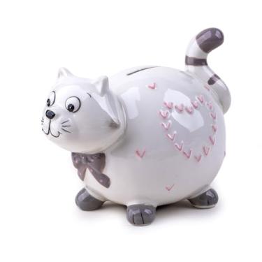 Imagem de Cofrinho de cerâmica para gatos, branco com laço e design de gatinho em forma de coração, adequado para crianças ou presentes de aniversário (branco)