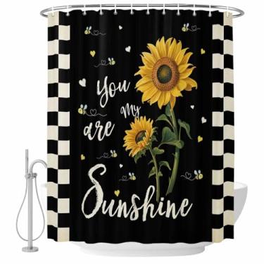 Imagem de Cortina de chuveiro Bee Girassóis Preto Xadrez You are My Sunshine Conjunto de Cortinas de Chuveiro Tecido Impermeável Cortina de Banho para Banheiro Decoração de Banheira Acessórios de Casa 182 x 182