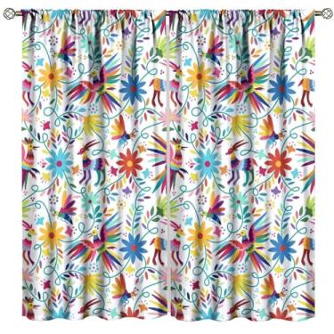 Imagem de Cortinas mexicanas, flores naturais coloridas, pássaros, arte tradicional americana, desenhadas, cortinas, quarto, sala de estar, bolso para varão, tratamento de janela, conjunto de 2 painéis, tamanho