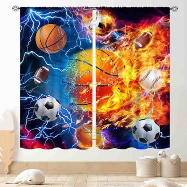 Imagem de Cortinas de basquete para quarto de meninos, bola esportiva, futebol, beisebol, futebol, fogo, flash, jogos, blecaute, azul, cortina de janela para quarto de crianças, adolescentes, sala de estar