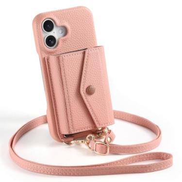 Imagem de Bolsa de ombro para iPhone 17/17 Air/17 Pro/17 Pro Max, com porta-cartões e espelho de maquiagem, capa para celular, carteira de couro elegante (rosa, 17)