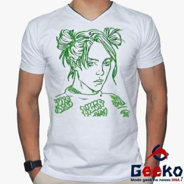 Imagem de Camiseta Billie Eilish 100% Algodão Geeko, Branco gola v, M