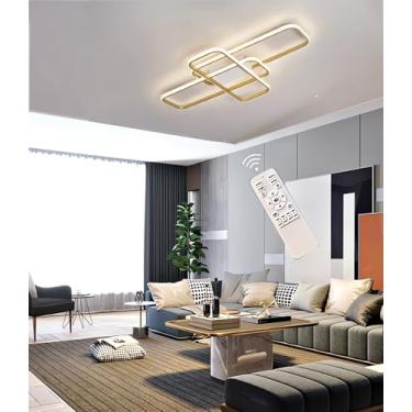 Imagem de Luminária de teto LED moderna, dimerizável, com controle remoto, ideal para sala de estar, quarto, corredor, parede, sala de jantar, cozinha e escritório (quadrada, dourada, 75 cm).