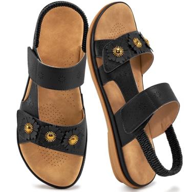 Imagem de Zorfe Sandálias rasteiras para mulheres: confortável gancho laço elástico tira no tornozelo verão casual sapatos de caminhada, Preto, 34