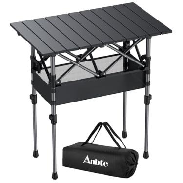 Imagem de Anbte Mesa de acampamento dobrável, mesa de acampamento dobrável de alumínio, altura ajustável com rede de armazenamento e bolsa, mesa leve para uso ao ar livre 63,5 x 40,6 cm, para piquenique de