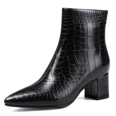 Imagem de Abbleet Botas femininas de cano curto, bico fino, salto grosso, salto baixo, botas de salto baixo, Crocodilo preto, 38