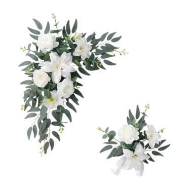 Imagem de BLWOTMOR Arco de Flores Artificiais para Casamento (2 Peças), Guirlanda Decorativa de Flores de Seda, Arranjos Florais Elegantes, Ideal para Recepção, Jardim, Branco, Tamanho real
