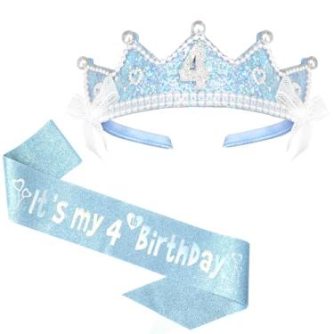 Imagem de YARIEW Decorações de 4º aniversário, faixa de cabeça e faixa de 4 anos para mulheres, coroa de tiara e faixa de festa, acessório de roupa azul