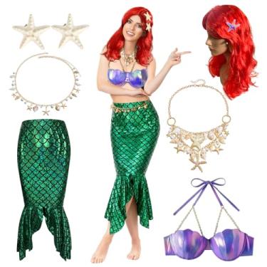 Imagem de 7 peças de fantasia de cosplay de sereia de Halloween para mulheres, saia encaracolada, sutiã, colar, gancho de cabelo, corrente na cintura, vestido temático, festa, Vermelho, roxo, verde, M