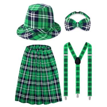 Imagem de Jansun Conjunto de fantasia premium do dia de São Patrício, roupa de duende com chapéu, gravata borboleta, suspensórios e saia para homens e mulheres, verde