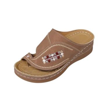 Imagem de Pantufas femininas modernas, casuais, estilo verão, cor sólida, boca de peixe, sola grossa, Marrom, 39