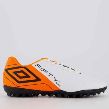 Imagem de Chuteira Umbro Fifty VI League Society Branca e Laranja-Masculino