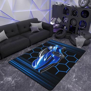 Imagem de Tapete decorativo de carro de corrida azul 5x6'6'' (150 cm x 200 cm x 1 cm), tapete interno geométrico de favo de mel para sala de jogos, cabeceira sofá, quarto, tema de esportes radicais, tapete sem
