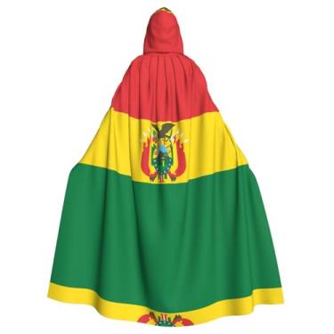 Imagem de Capa longa com capuz estampada com bandeira da Bolívia, adequada para Páscoa, cosplay, bailes de máscaras e festas temáticas.
