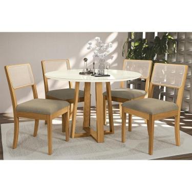 Imagem de Mesa Cozinha Elma Premium Madeira Maciça c/ Tampo Madeirado c/ Vidro 120x120cm e 4 Cadeiras Lola Carvalho/Off White - Boucle Bege Fendi-Kappesberg