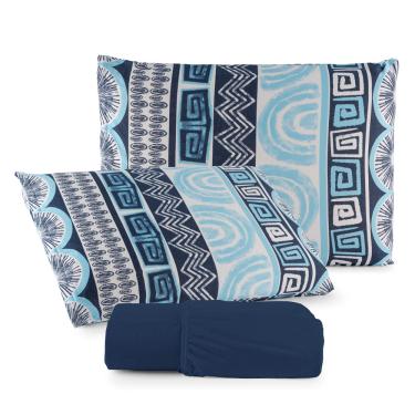 Imagem de Jogo de Lençol Luar Casal 3 Peças Malha 100% Algodão Estampado - Azul Marinho Geométrico