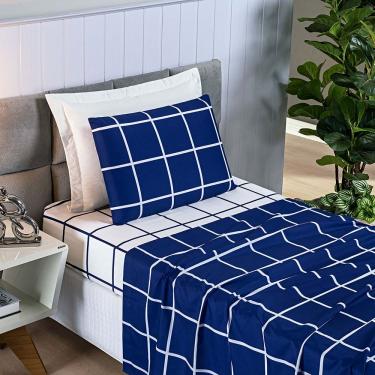 Imagem de Jogo de Lençol Minimalista Solteiro 3 Peças Percal 200 Fios Quadriculado - Azul Marinho - 100% Poliéster