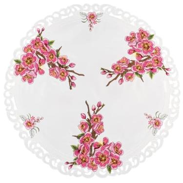 Imagem de Doily de flor de cerejeira rosa, toalha de mesa branca redonda com design floral bordado, enfeite de mesa decorativo com borda de renda (58 cm RD)