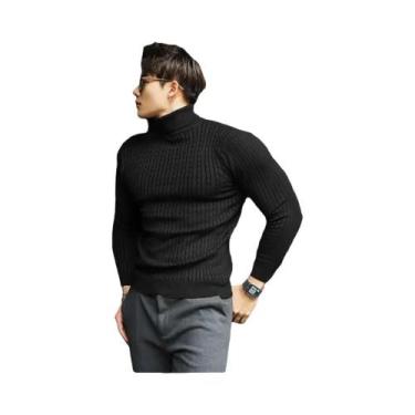 Imagem de Suéter Masculino Quente De Tricô Gola Alta Manga Longa Listrado Cor Só