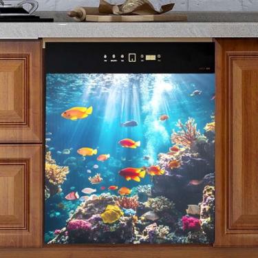 Imagem de Capa de ímã de máquina de lavar louça costeira oceânica peixes subaquáticos oceano, capa de ímã de lava-louças, painéis de decalque de ímã de geladeira 58 cm x 66 cm