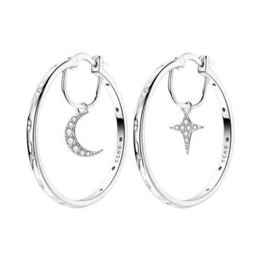 Imagem de Brincos Femininos De Prata Esterlina 925 Com Estrela E Lua, Zircônia A