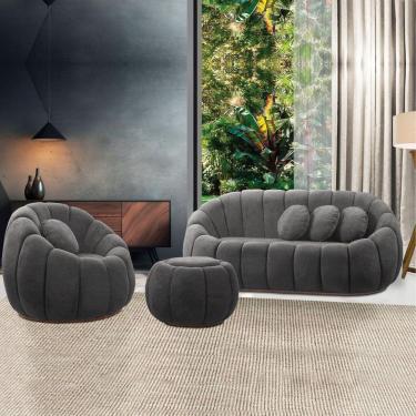 Imagem de Sofá 2 Lugares Com Puff E Poltrona Giratória Orgânica Cloud Bouclê Cinza Escuro E03 - D'rossi