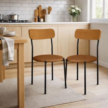 Imagem de Kit 2 Cadeiras De Jantar Renata Encosto Verniz E Assento Camel Ferro Preto - Pallazio