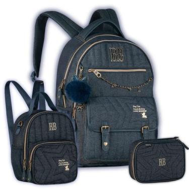 Imagem de Kit Mochila Costas Jeans Rebecca Bonbon Lancheira e Estojo, Azul