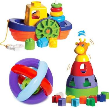 Imagem de Kit De Brinquedos Para Bebês Barco + Girafa + Bola - Mercotoys