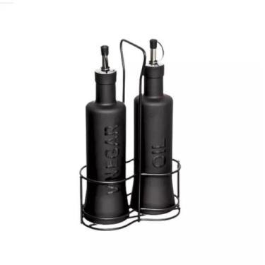 Imagem de Kit Galheteiro Azeite Vinagre Nero Com Suporte 300ml 3 Pçs - HASKRAFT