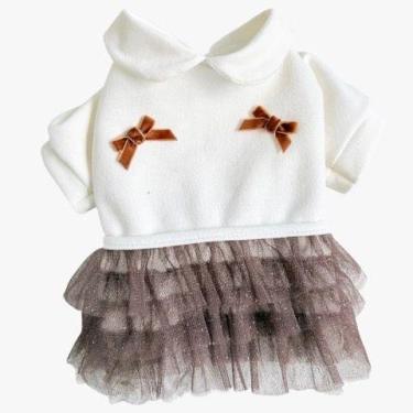 Imagem de Moletom Tutu Laço Off White e Marrom para cachorro e gato Tamanho:P - 