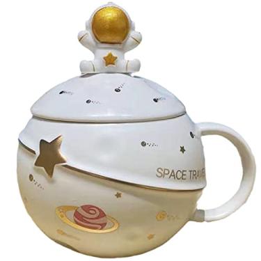 Imagem de seelucky Caneca de astronauta com colher criança caneca de leite de cerâmica 3D xícara de café caneca de desenho animado xícara de chá universo presente de aniversário (viagem espacial branca)