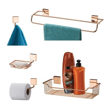 Imagem de Kit 5 Pçs Banheiro Toalheiro Papeleira Shampoo Saboneteira Gancho -  Rosé Gold - Future