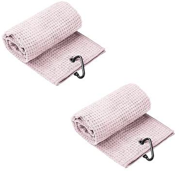 Imagem de Pacote com 2 toalhas de golfe padrão waffle algodão com mosquetão toalhas de limpeza gancho de microfibra limpa tacos bolas mãos para homens mulheres (Rosa)