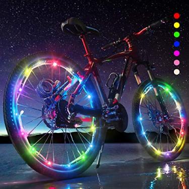 Imagem de Pacote com 2 luzes de roda de bicicleta – luzes de raio de bicicleta de LED à prova d'água para bicicletas adultas/crianças equitação noturna – 7 cores LED ao ar livre bicicleta luz de segurança raio de bicicleta
