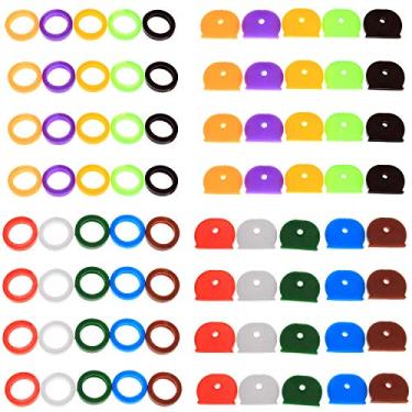 Imagem de SQXBK Conjunto de capas de etiquetas de tampas de chave 80 peças 10 cores 2 estilos tampa de plástico PVC capas de cabeça etiquetas marcadores de identificação chaveiro anéis identificadores de chave